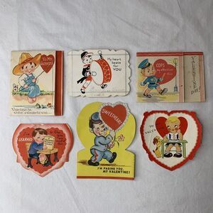 Vtg 1940s Valentine Cards Lot (6) Boys WWII Era Fishing Teacher Drummer Boy Cops
